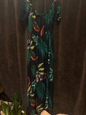 Black Tropical Print Maxi Dress with Green & Yellow Leaves